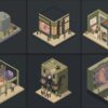 Six isometric drawings of Halloween ideas for a venue: a walk-in monster, a giant eye in a shopfront window, a life-size mascot, a pop-up haunt, an octopus on a building and a ghost projected on a facade.