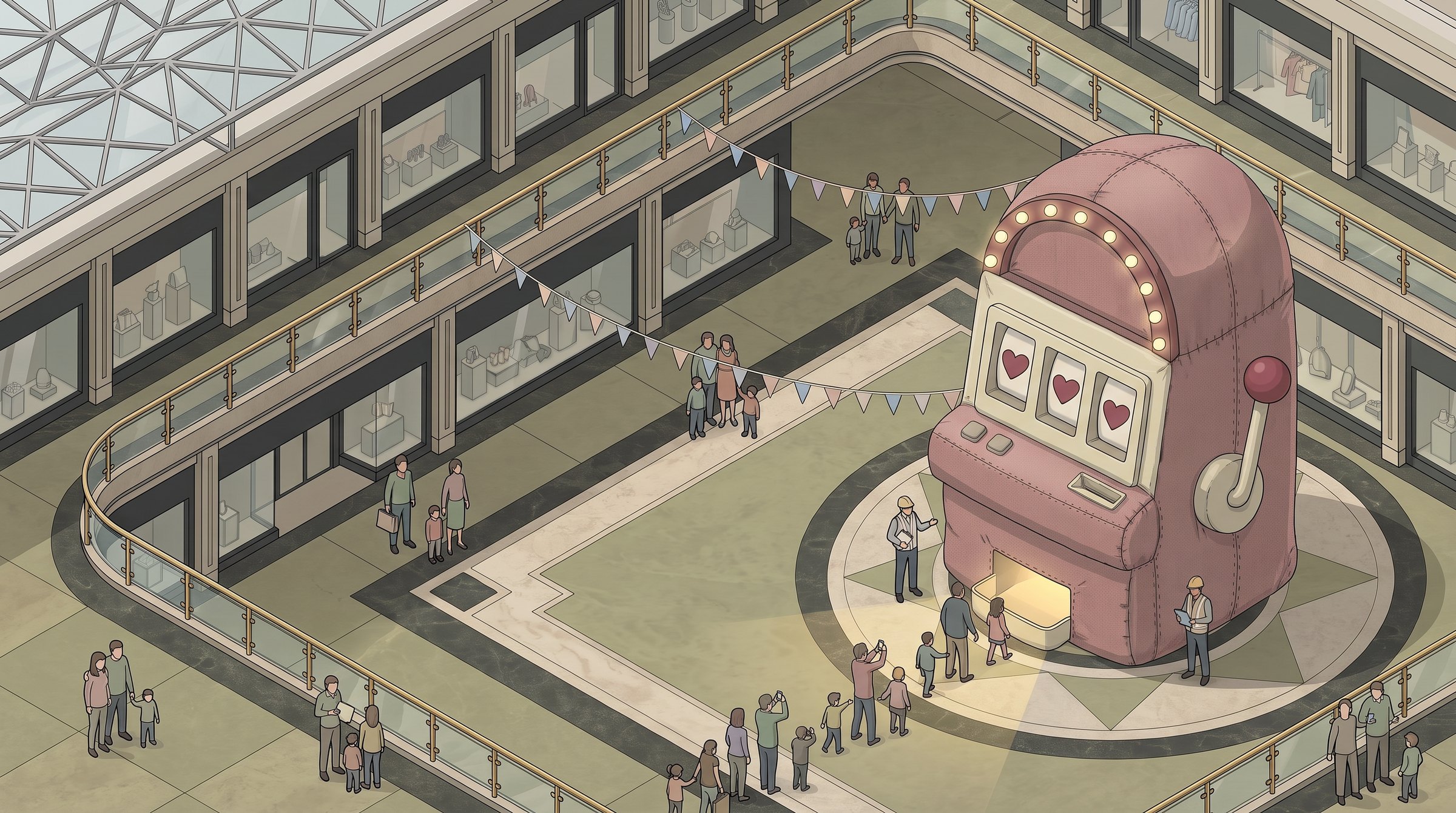Isometric drawing of a shopping center court with a giant in Isometric drawing of a shopping center court with a giant inflatable slot machine showing three hearts, a queue of couples and friends in front of it