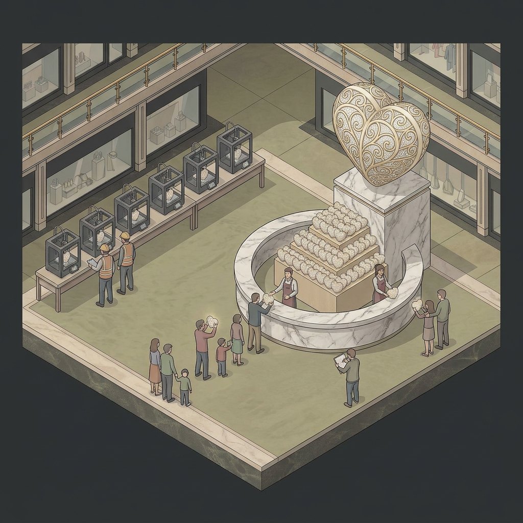 Isometric view of a give-away counter handing out small 3D-p Isometric view of a give-away counter handing out small 3D-printed lattice hearts, with a row of printers behind it