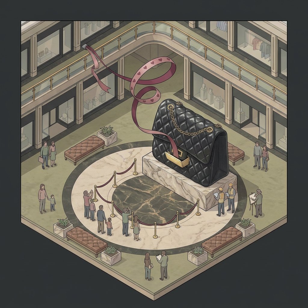 Isometric view of a giant black quilted luxury handbag on a Isometric view of a giant black quilted luxury handbag on a marble plinth with its clasp open and a ribbon of hearts streaming out across the court