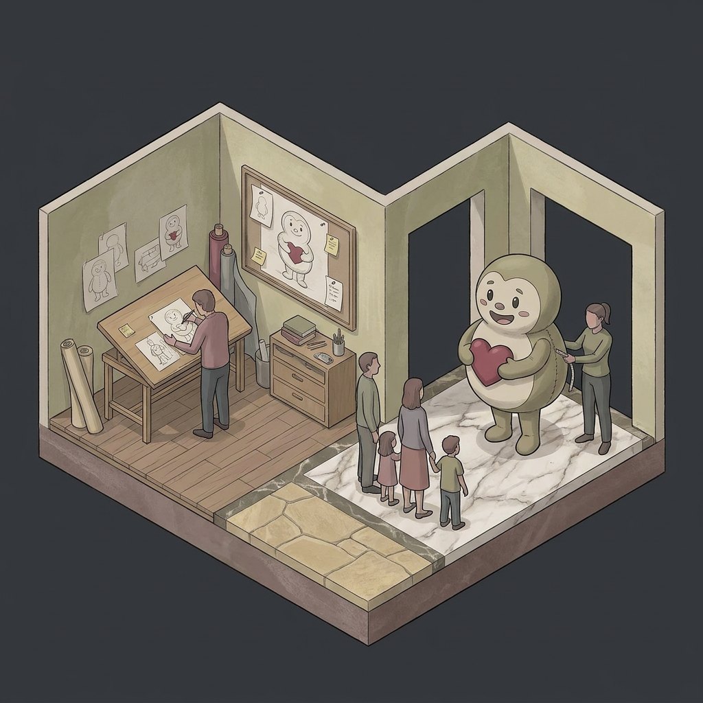 Isometric view of a design studio with a mascot sketch besid Isometric view of a design studio with a mascot sketch beside a shop floor where the mascot meets families