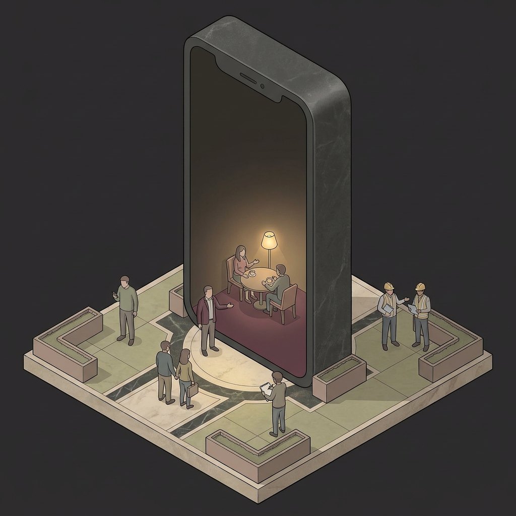 Isometric view of a giant phone-shaped arch with a real tabl Isometric view of a giant phone-shaped arch with a real table for two inside and strangers meeting in person