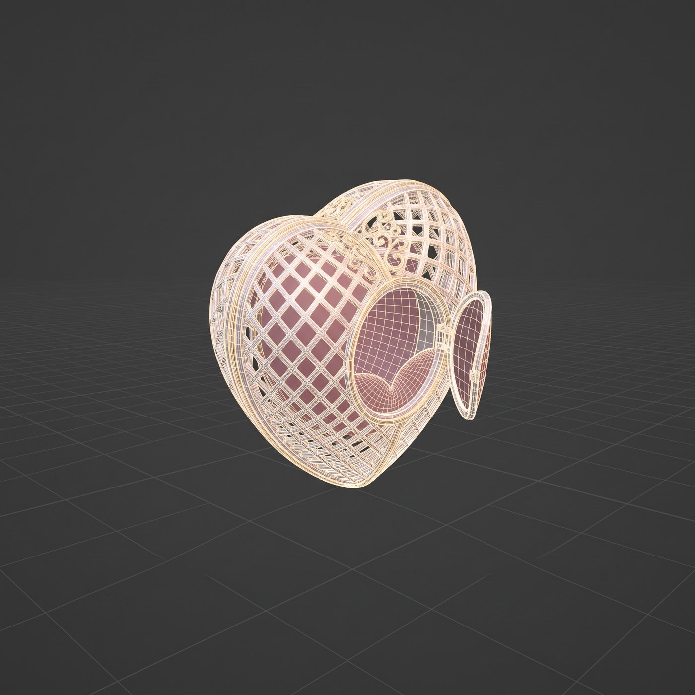 A 3D wireframe of the hand-sized lattice heart seen from sli A 3D wireframe of the hand-sized lattice heart seen from slightly below, with its little hinged door open