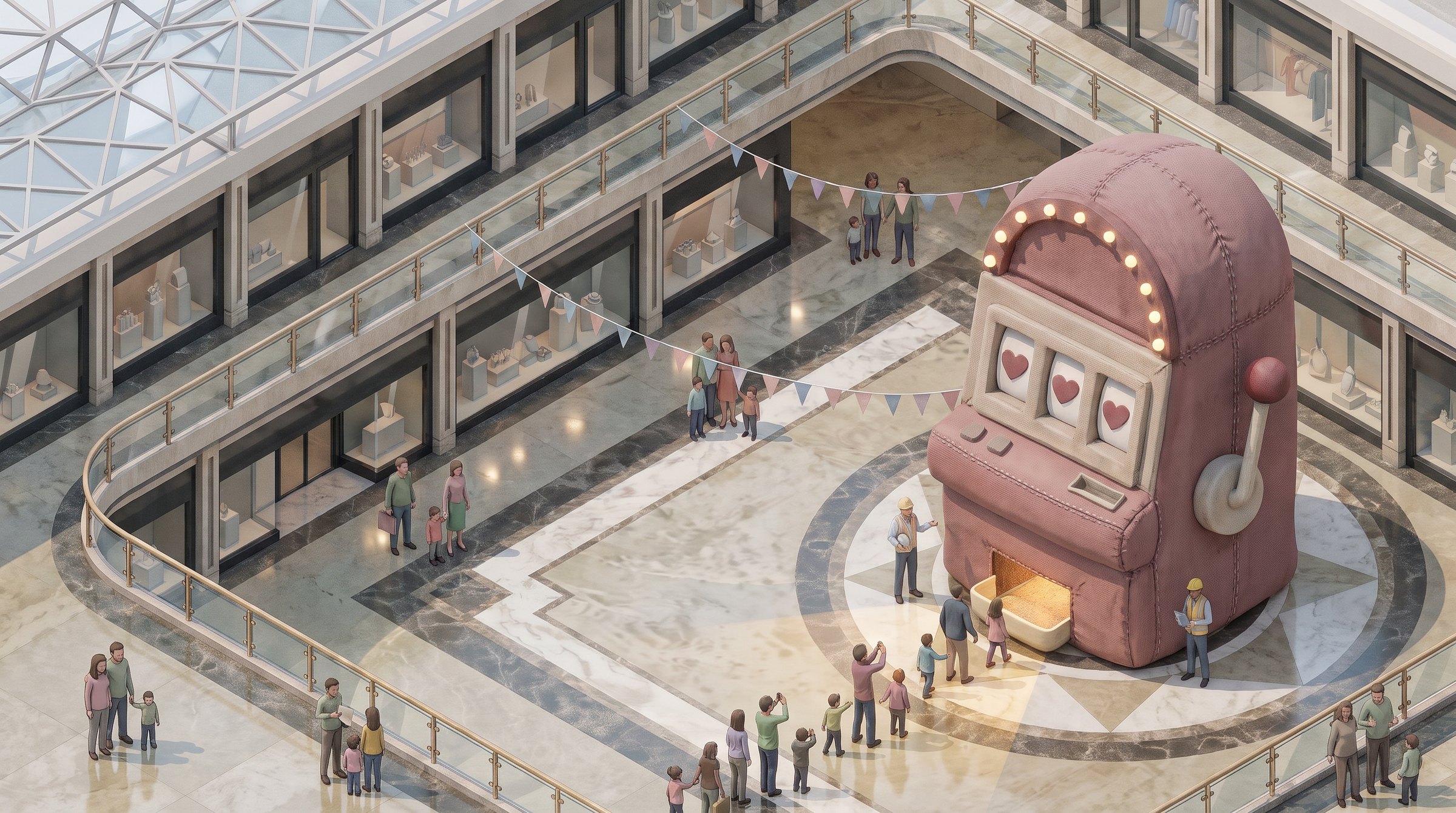 Photoreal view of the same court with the giant inflatable s Photoreal view of the same court with the giant inflatable slot machine, bunting overhead and a queue of people