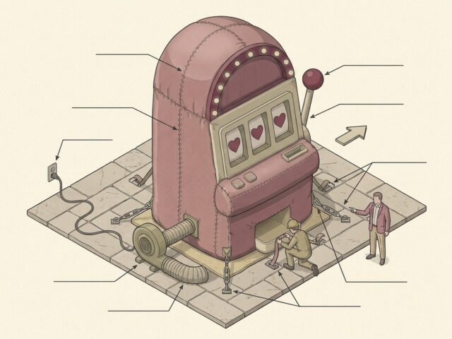 Diagram of the inflatable slot machine with its blower, hose, power cable and floor fixing straps