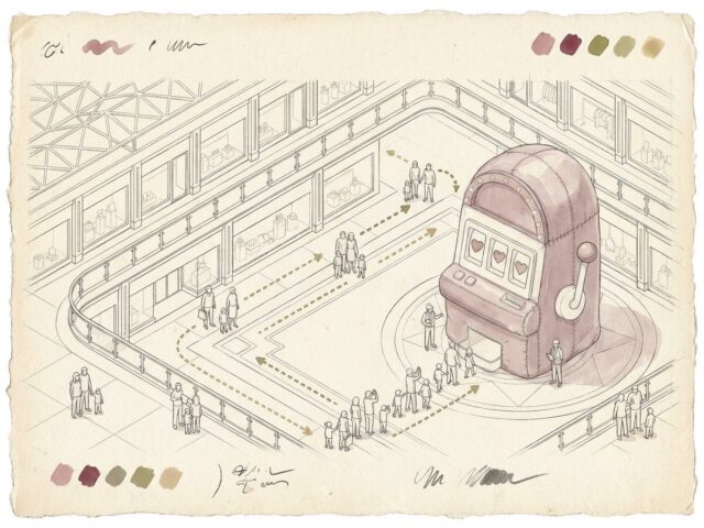 Pencil and watercolour concept sketch of the slot machine in a court with dotted arrows showing how people queue and leave