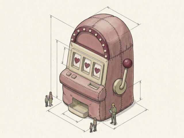 Technical drawing of the inflatable slot machine at full height with dimension lines and people for scale